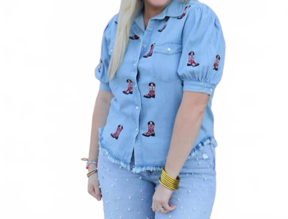 NEW LAYERZ CLOTHING bailey embroidered denim cowboy boot shirt in light blue